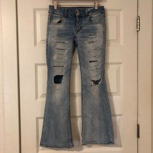 Light Wash Destroyed Artist Flare Jeans from AEO
